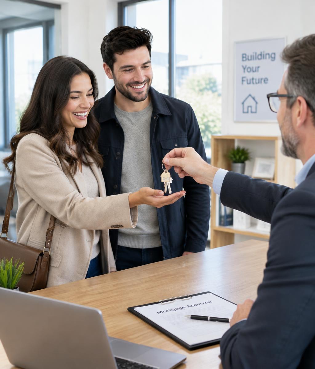 Loan advisor handing keys to a couple